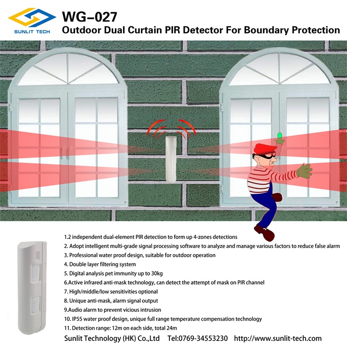 Outdoor Dual Curtain Wired PIR Sensor With 24 Meter In 2 Sides WG-027